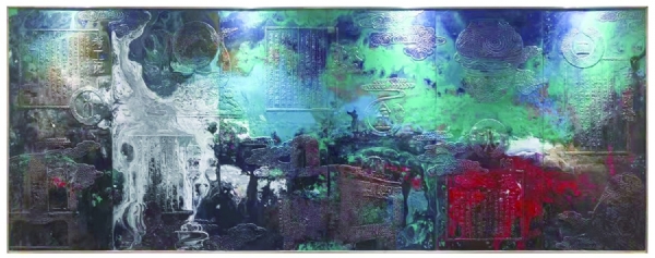 《中國(guó)工藝美術(shù)協(xié)會(huì)前廳壁畫(huà)》作者： 伊峻慷、吳守峰   材質(zhì)：青銅  藝術(shù)著色  尺寸：3.7x1.42m  安放：北京 